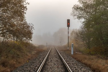 Sonbahar sisli ve soğuk sabahında tren rayları.