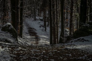 Jizerske dağlarındaki Liberec kenti yakınlarındaki manzara sonbahar karlı öğleden sonra