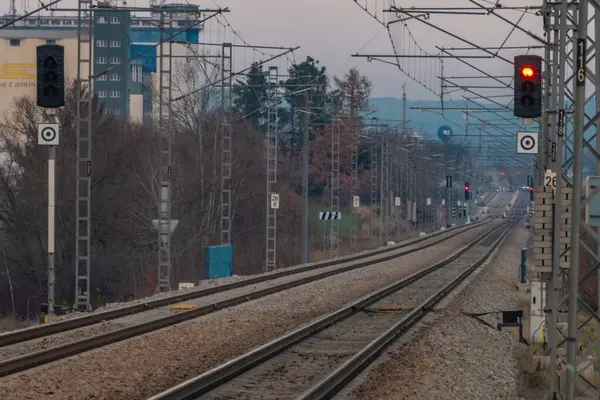 Neplachov CZ 12 02 2024 yakınlarında günbatımı bulutlu hızlı yolcu trenleri.