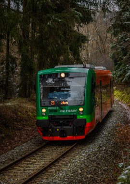 Lcovice durağı CZ 12 2024 yakınlarındaki kış ormanlarında özel renkli yolcu treni.