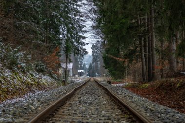 Railway track in winter forest near Lcovice stop mountains village clipart