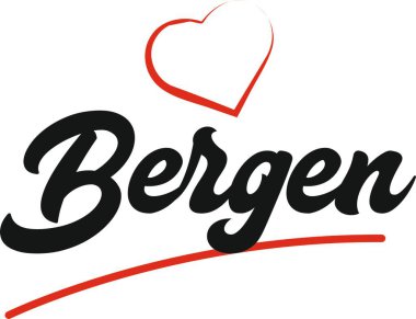 Bergen şehir metin tasarım ile kırmızı kalp tipografik simgesi tasarım turistik tanıtımı için uygun