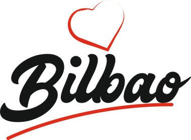 Turistik promosyon için uygun kırmızı kalp tipografik ikon tasarımı ile Bilbao şehir metin tasarımı
