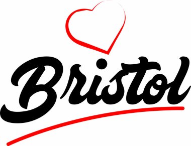 Turistik promosyon için uygun kırmızı kalp tipografik ikon tasarımı ile Bristol şehir metin tasarımı