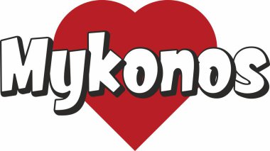 Turistik tanıtım için uygun kırmızı kalp tipografik simge tasarımlı Mykonos şehir metin tasarımı