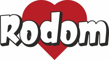 Turistik tanıtım için uygun kırmızı kalp tipografik simge tasarımı ile Rodom şehir metin tasarımı