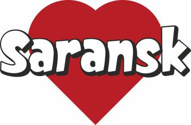 Saransk şehri metin tasarım ile kırmızı kalp tipografik simgesi tasarım turistik tanıtımı için uygun