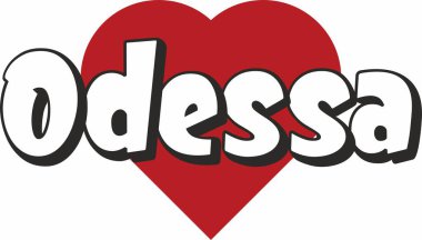 Odessa şehir metin tasarım ile kırmızı kalp tipografik simgesi tasarım turistik tanıtımı için uygun