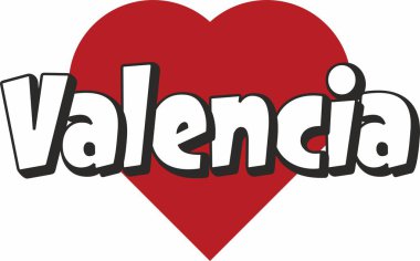 Valencia şehir metin tasarım ile kırmızı kalp tipografik simgesi tasarım turistik tanıtımı için uygun