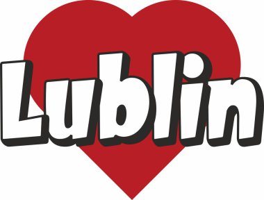 Lublin şehir metin tasarım ile kırmızı kalp tipografik simgesi tasarım turistik tanıtımı için uygun