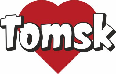 Tomsk Şehir metin tasarım ile kırmızı kalp tipografik simgesi tasarım turistik tanıtımı için uygun