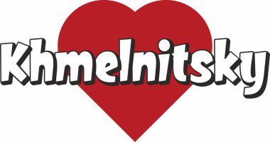 Khmelnitsky şehir metin tasarım ile kırmızı kalp tipografik simgesi tasarım turistik tanıtımı için uygun