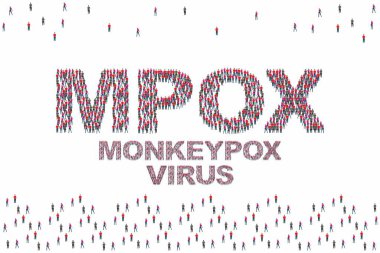 Maymun çiçeği virüsü. Beyaz arkaplanda MPOX metni olan bir grup insan izole edildi.