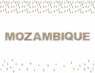 Mozambik bayrak renginde büyük bir insan grubunun görüntüsü.