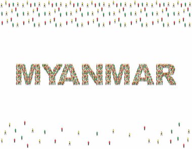 Myanmar bayrak renginde büyük bir grup insanın görüntüsü