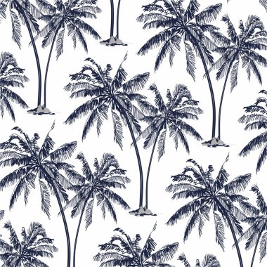 Palmiye ağacı vektörünün pürüzsüz şekli. Beyaz arka planda palmiye ağaçları, siyah ve beyaz tarzında. Pankartlar ve kartvizitler için yaz deseni.