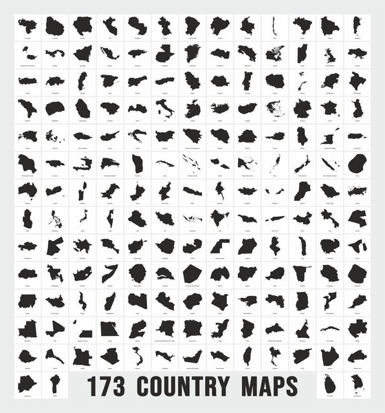 Карта всех 173 стран мира изготавливает иконы. Полная карта мира. Каждая карта страны перечислены и изолированы с именами.