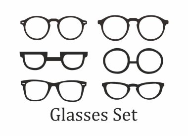 Set of silhouette glasses of various shapes and sizes. The glasses are all black and arranged in a row isolated on a white background clipart