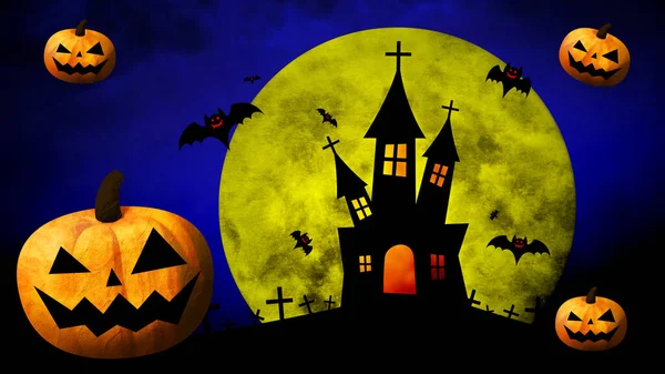Happy Halloween Pompoenen Vleermuizen Maan Gekleurde Achtergrond — Stockfoto