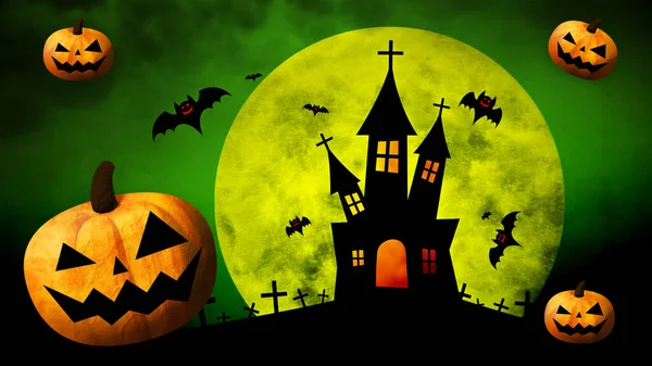 Boldog Halloweent Tök Denevérek Hold Színes Háttér — Stock Fotó