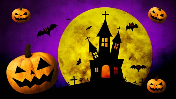 Feliz Halloween Calabazas Murciélagos Luna Fondo Color —  Fotos de Stock