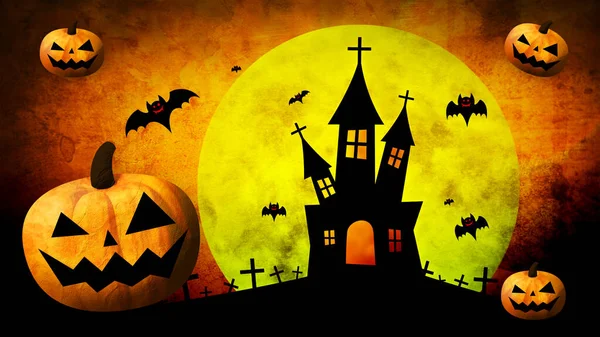 Happy Halloween Pumpkins Bats Moon Colored Background — Stock Photo, Image