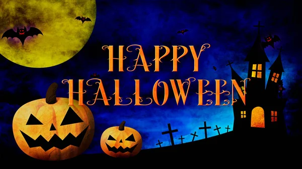 Szczęśliwego Halloween Logo Dyniami Nietoperzami Kolorowym Tle — Zdjęcie stockowe