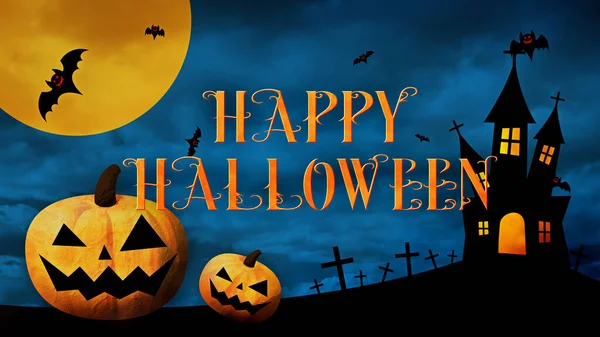 Feliz Halloween Logo Con Calabazas Murciélagos Sobre Fondo Color — Foto de Stock