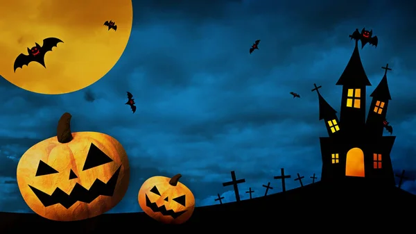 Happy Halloween Tanzende Kürbisse Und Fledermäuse Auf Farbigem Hintergrund — Stockfoto