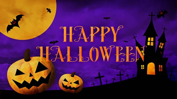 Happy Halloween Logo Met Pompoenen Vleermuizen Een Gekleurde Achtergrond — Stockfoto