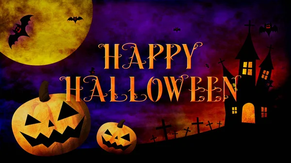 Mutlu Cadılar Bayramı Renkli Bir Arka Planda Balkabağı Yarasalı Logo — Stok fotoğraf