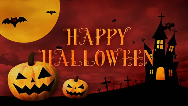 Happy Halloween Logo Met Pompoenen Vleermuizen Een Gekleurde Achtergrond — Stockfoto