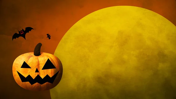 Happy Halloween Pompoenen Vleermuizen Maan Gekleurde Achtergrond — Stockfoto