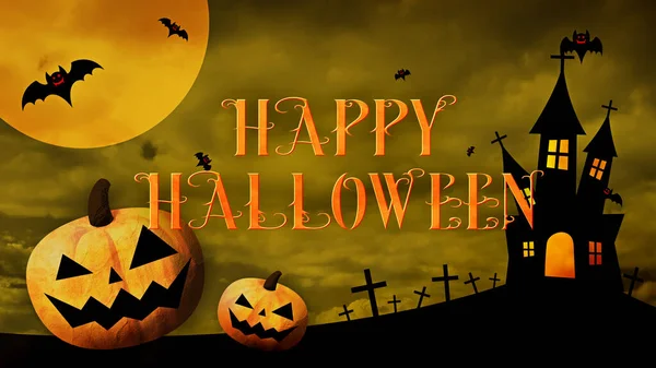 Feliz Halloween Logotipo Com Abóboras Morcegos Fundo Colorido — Fotografia de Stock