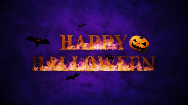 Happy Halloween Brandend Logo Met Pompoenen Vleermuizen Gekleurde Achtergrond — Stockfoto