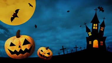 Mutlu Cadılar Bayramı, renkli bir arka planda dans eden balkabakları ve yarasalar