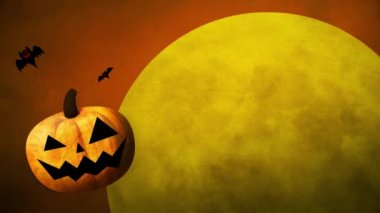 Mutlu Cadılar Bayramı, balkabakları, yarasalar ve renkli arka planda ay