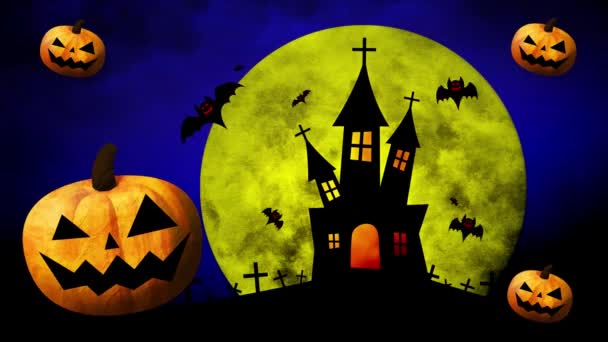 Feliz Halloween Calabazas Murciélagos Luna Fondo Color — Vídeos de Stock