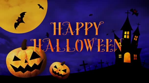 Szczęśliwego Halloween Logo Dyniami Nietoperzami Kolorowym Tle — Wideo stockowe
