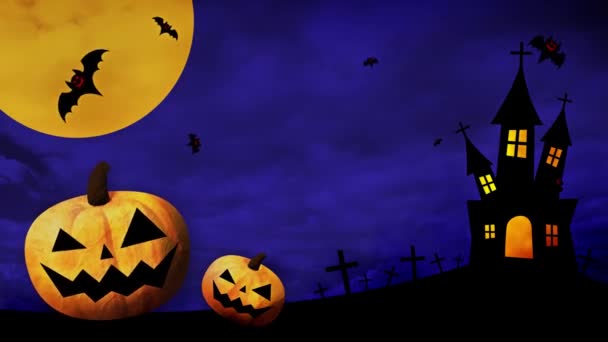 Feliz Halloween Bailando Calabazas Murciélagos Sobre Fondo Color — Vídeos de Stock
