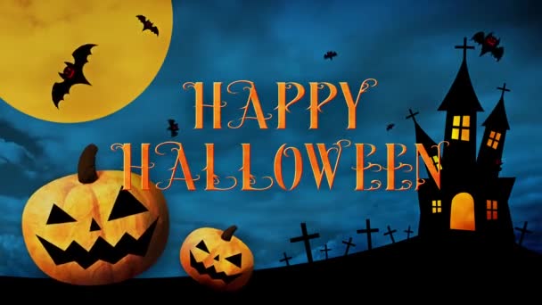 Mutlu Cadılar Bayramı Renkli Bir Arka Planda Balkabağı Yarasalı Logo — Stok video