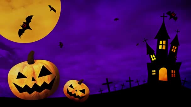 Happy Halloween Tanzende Kürbisse Und Fledermäuse Auf Farbigem Hintergrund — Stockvideo