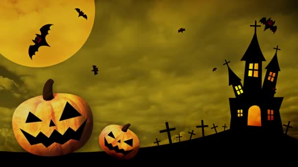 Счастливого Хэллоуина Танцующих Тыкв Летучих Мышей Цветном Фоне — стоковое видео