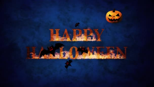 Happy Halloween Burning Logo Pumpkins Bats Colored Background — Stock Video