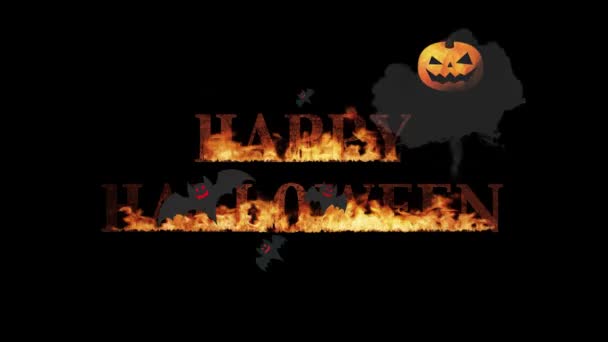 Glad Halloween Brinnande Logotyp Med Pumpor Och Fladdermöss Färgad Bakgrund — Stockvideo