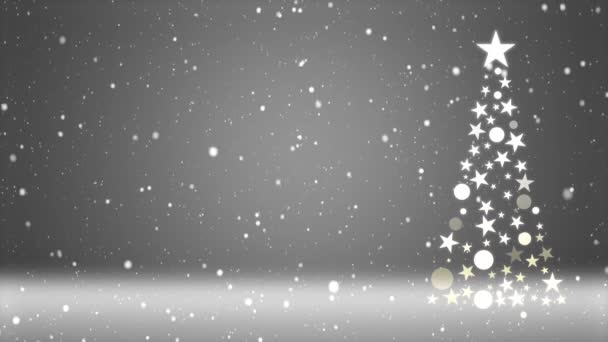 Filmaufnahmen Von Fallendem Schnee Auf Einem Weihnachtsbaum Und Farbigem Hintergrund — Stockvideo