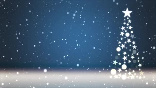 Kerstboom Gekleurde Achtergrond Met Vallende Sneeuwvlokken Kerstbelettering — Stockvideo