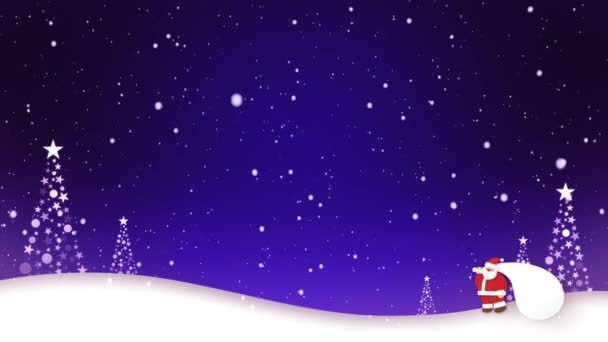 Words Merry Christmas Appear Image Santa Claus Walking Snow Loop — Stock Video