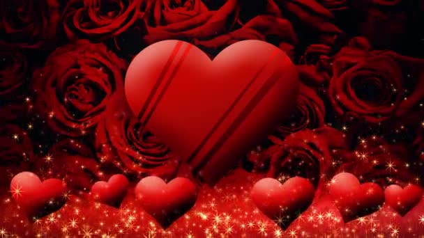 バラの背景に浮かぶチョコレートハートのビデオ バレンタインデー — ストック動画