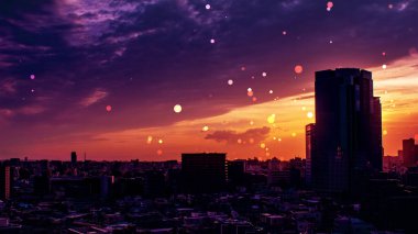 Gün batımında gökyüzünde dans eden grafikli resim